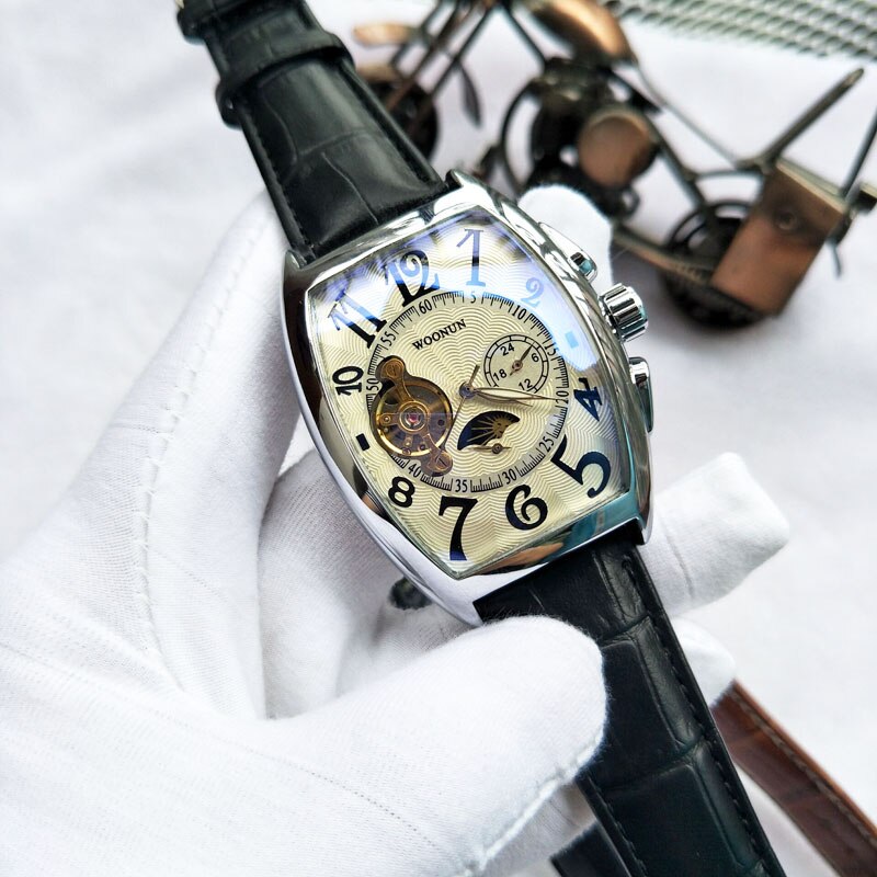 Luksus mænds ure mænd mekaniske ure tonneau dial automatiske mekaniske ure mænd tourbillon ure montre homme reloj: 66577 sølvhvid