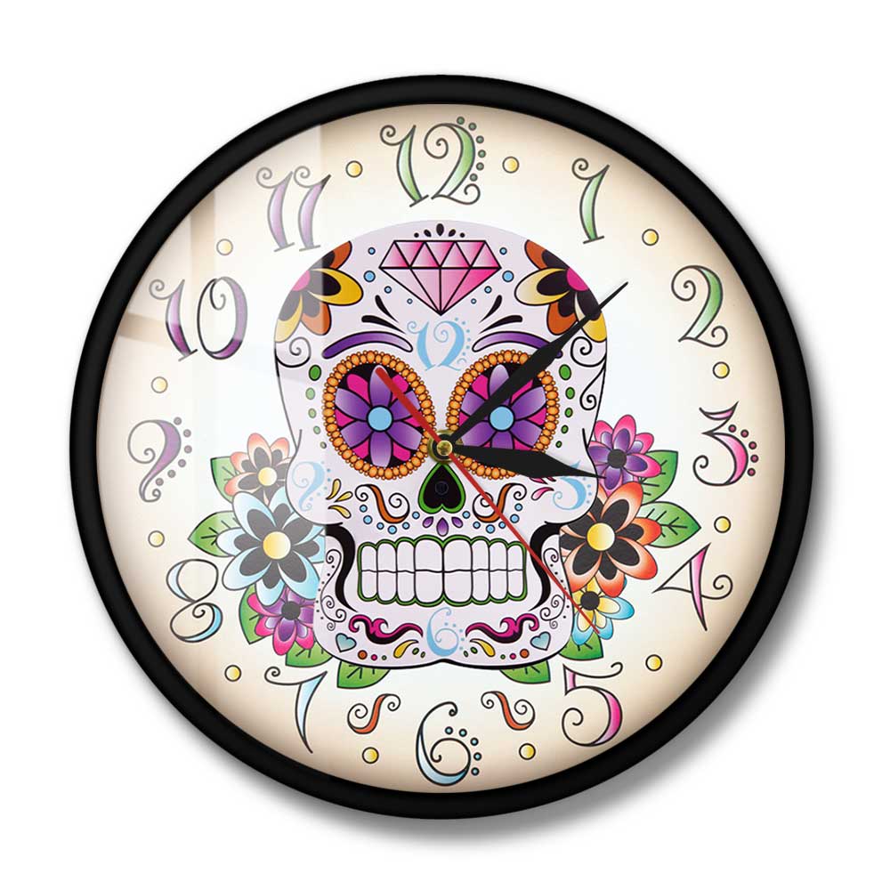 Day of the Dead Mexican Floral Skull Wall Clock Dia de Muertos Spanish Home Decor Hanging Wall Watch Silent Movement Timepieces: Metal Frame