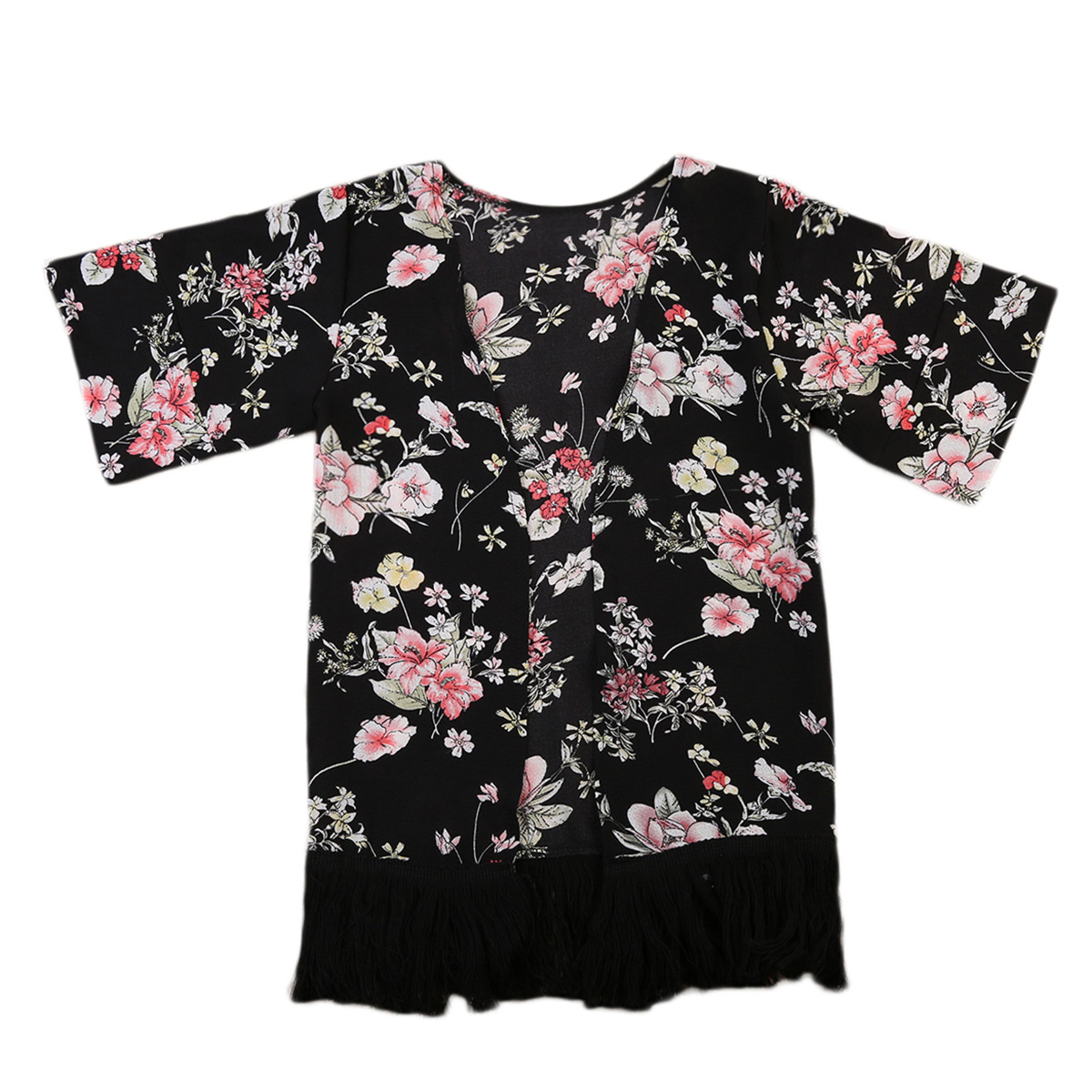 Kind Kids Peuter Meisje Vest Jas Kwastje Kimono Outfit Cover Sunsuit Zwart Bloemen Herfst Tops