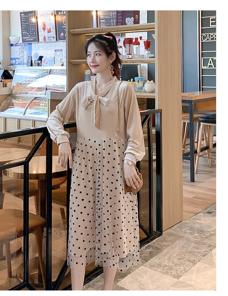 Abito per allattamento premaman invernale 2022 con fodera in velluto vestiti per allattamento a pois colletto con fiocco abito per allattamento al seno donna incinta