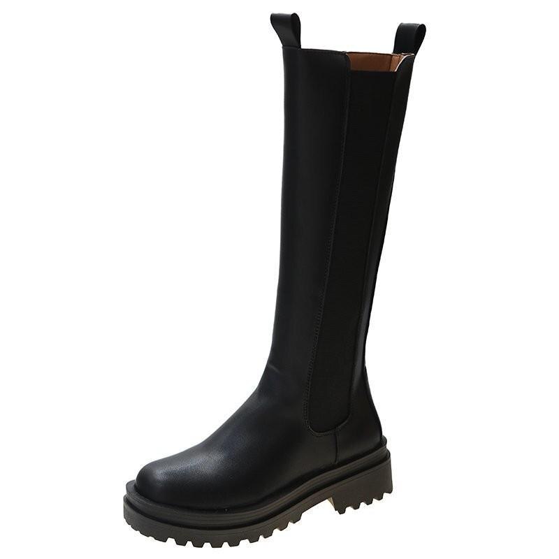 Pu läder plattform knähöga stövlar kvinnor svarta chunky långa chelsea boots kvinna slip on höst bota feminina: Svart / 38