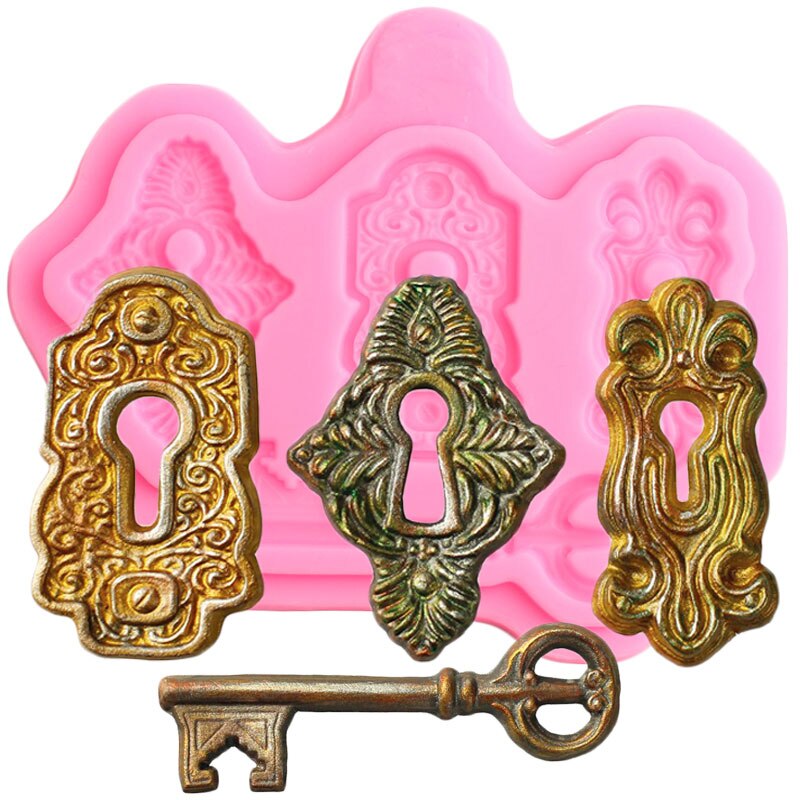 Antique Key Lock Plate Silicone Mold Steampunk Cupcake Topper Fondant Cake Decorating Tools Candy Clay Chocolate Gumpaste Moulds