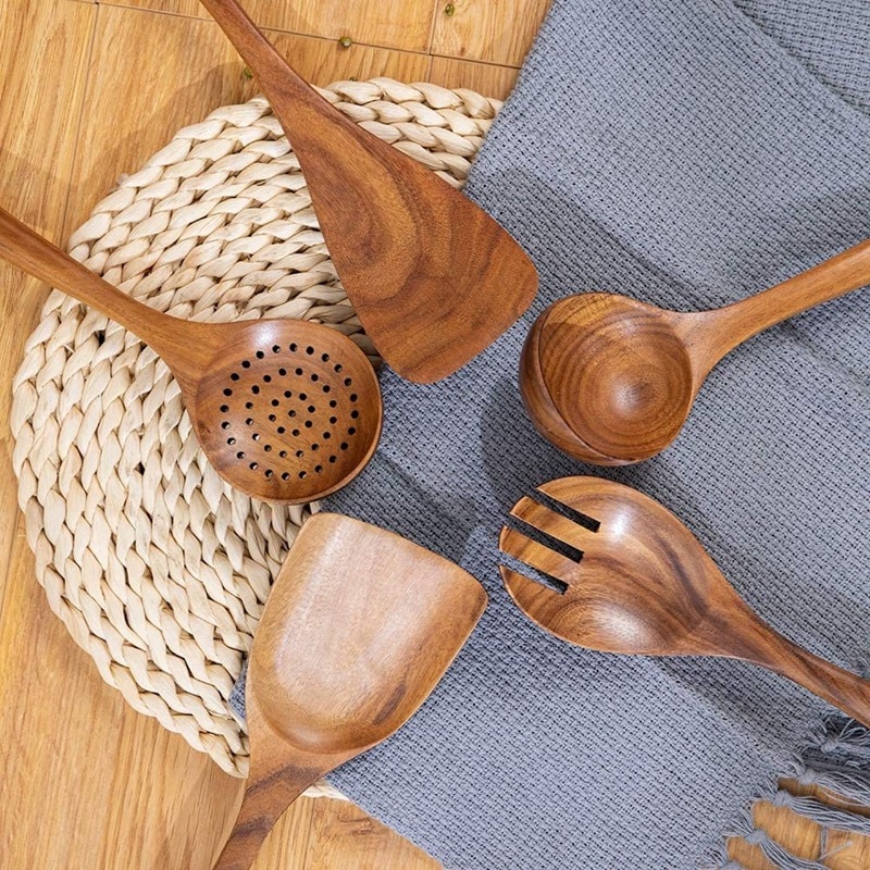 Kjøkkenutstyr av tre til kjøkken, med oppbevaringsbøtte, for matlagingsverktøy for nonstick kokekar, naturlig teak tre ,6 stk