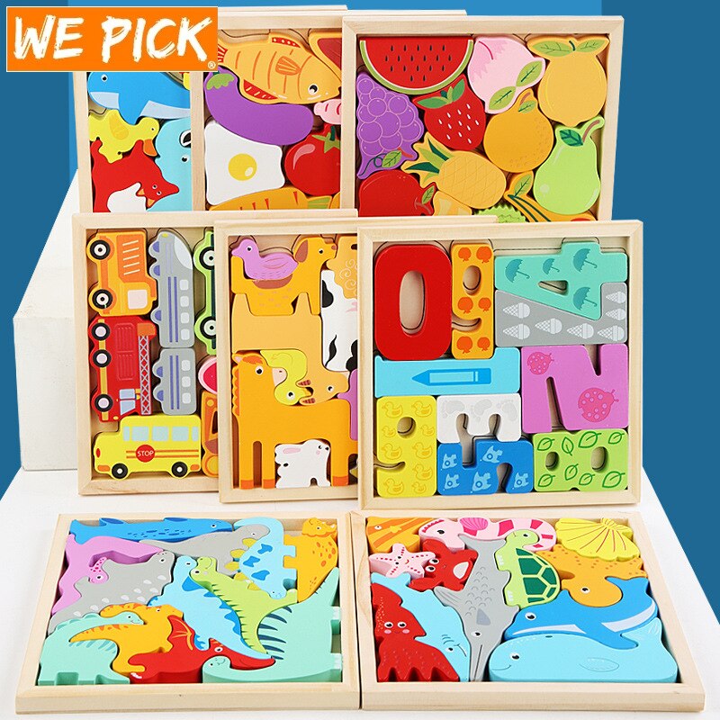 Cartoon Dier 3D Puzzel Hout Speelgoed Voor Kinderen Baby Hand Greep Board Groente-en Voertuig Houten Puzzels speelgoed