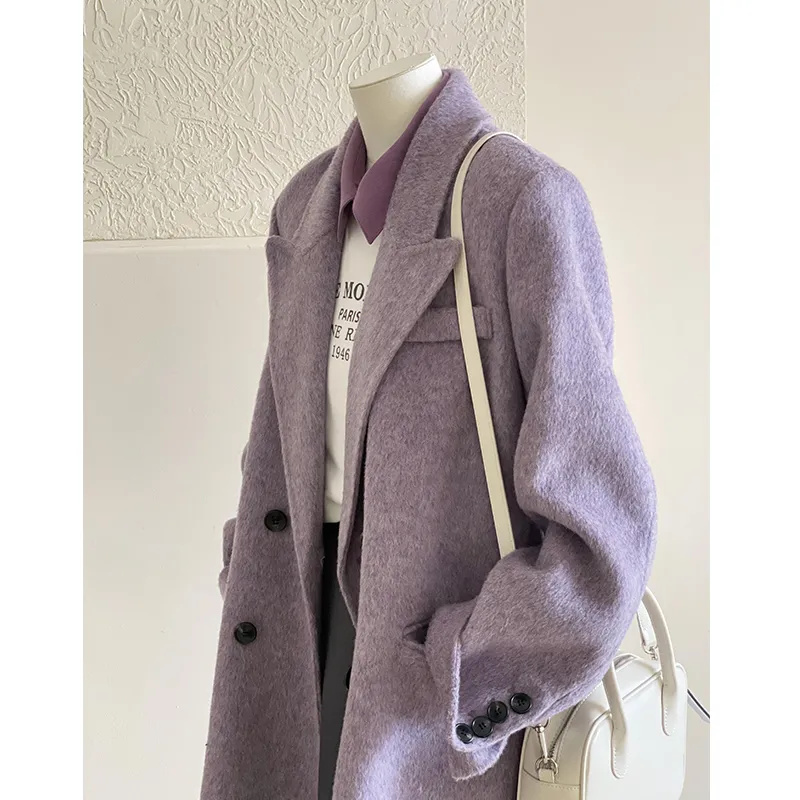 Zachte paarse wollen jas voor dames in herfst en winter 2022, wollen jas met high-end gevoel, klein en kort Koreaanse stijl