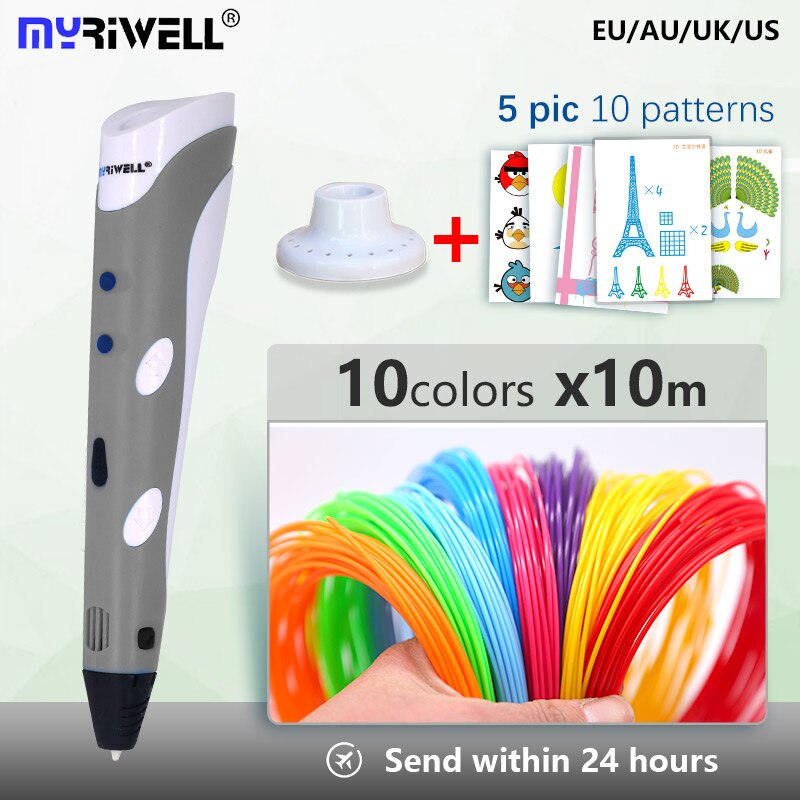 Myriwell 3Dペンrp 100A 1.75ミリメートルフィラメント3dプリントペン3 dペン + 100メートルのabs安全プラスチック + スーパーギフト子供の誕生日プレゼント: Gray A10x10