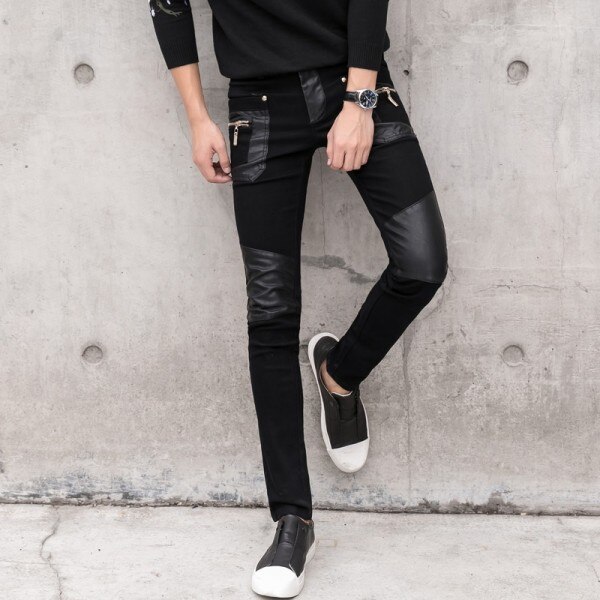 Men's Pant Faux Leather Jeans Spliced Denim Trousers Male Stretch Slim Fit Punk Stage Singer Motorcycle Casual Pants Men: 29 / 108
