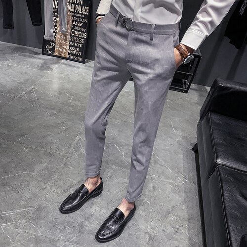 Kontorsbyxor herrklänning kostymbyxor slim fit business casual man formell galler brittisk stil vilda byxor gentleman: Grå / 28