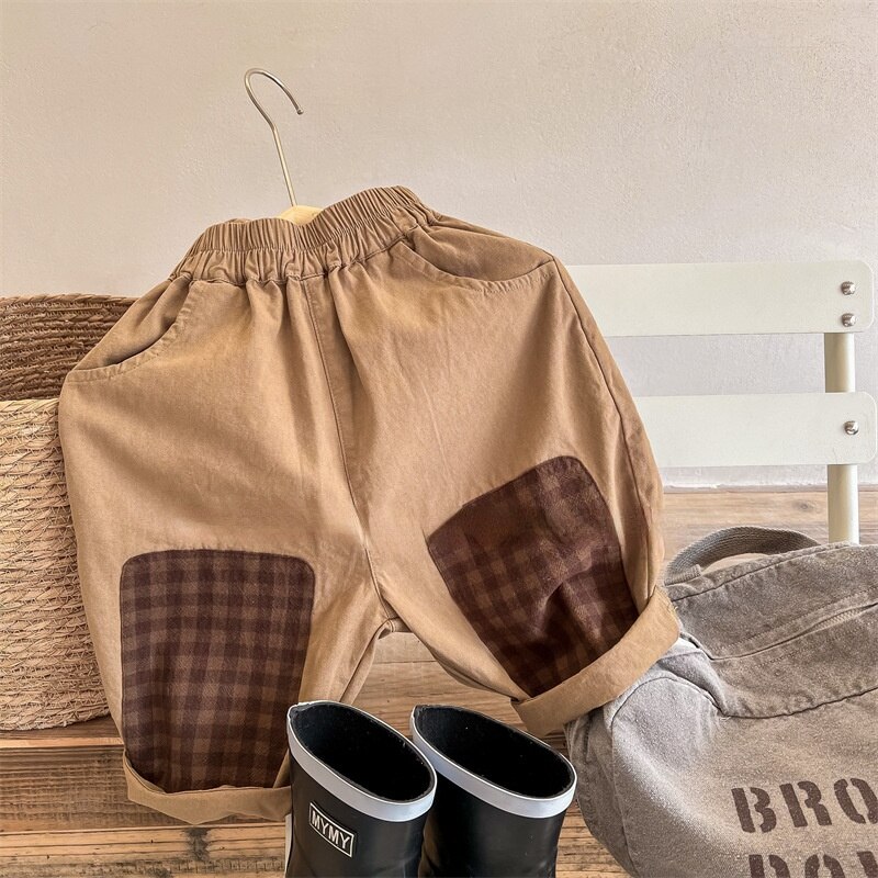 1341C 2022 primavera abbigliamento per bambini pantaloni da ragazzo Plaid panno Patchwork pantaloni Casual da ragazza coreano 1-7 anni pantaloni Harem per bambini: Coffee / 130 for 7y