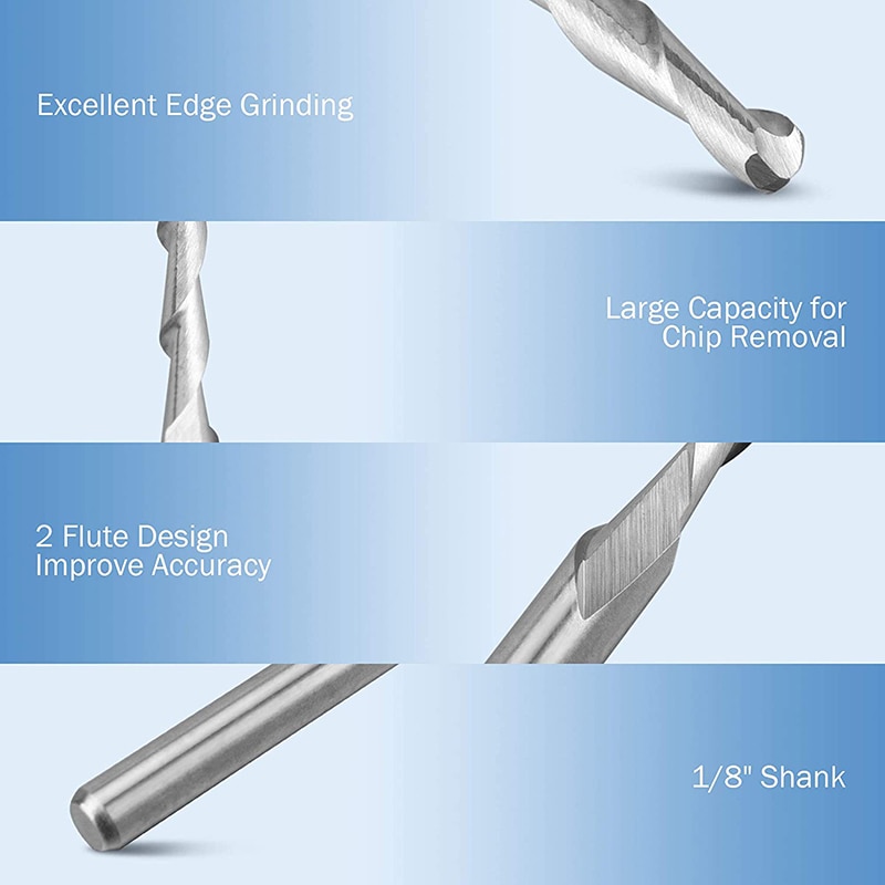 10Pcs CNC Router Bit 2mm Ball Nose End Mill 2-Flute Spiral Upcut Milling Cutter Engraving Carving Tool Set