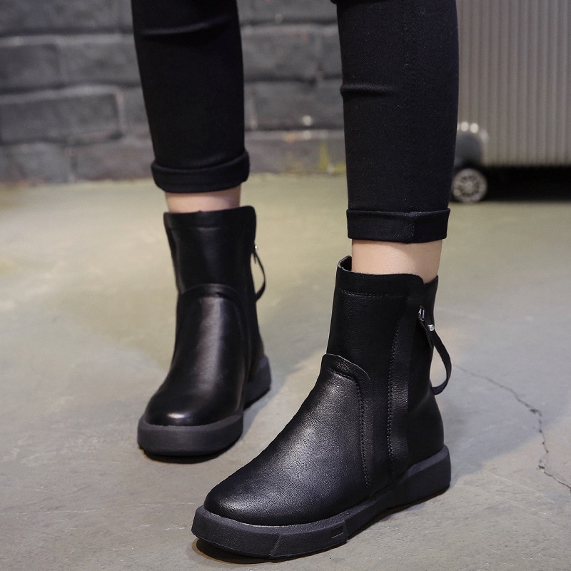 Dames enkellaarsjes met rits aan twee kanten, dames martin laarzen, dames zachte leren schoenen, herfst winter korte laarzen