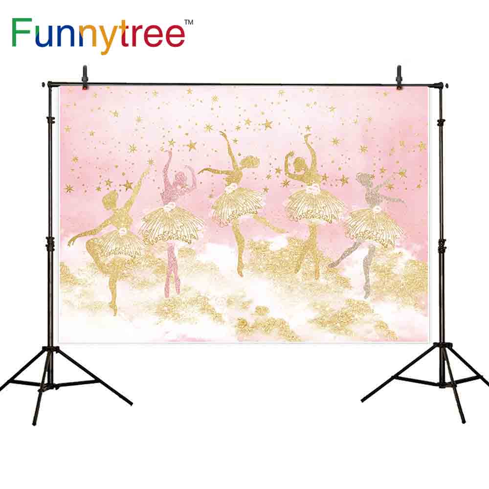 Funnytree Birthday Backdrop for Girls Pink Glitter Princess Golden Ballet Star Background Photo Props Banner Vinyl Decor