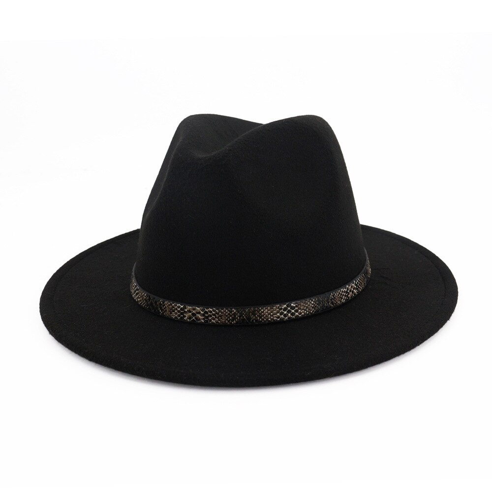 Felt Fedoras Hat Women Solid Imitation Wool Fedoras Snakeskin Pattern Band Tourist Cap Outdoor Jazz Caps Gorras for Lady Girls: black