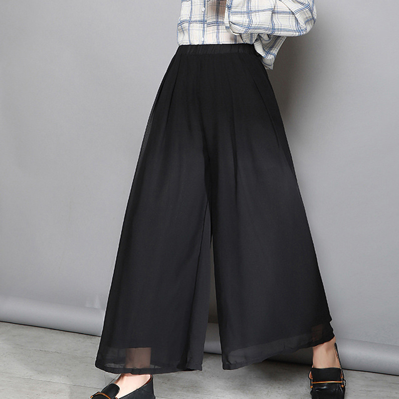 Plus Size Chiffon Wide-leg Pants Solid Black Blue Loose Pants Oversized Women Clothing Summer Autumn Spring Casual