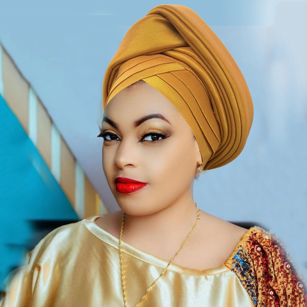 Nigeria Rohseide Autogele Headtie Hochzeit Party Kopfbedeckung Turbante Afrikanische Dame Kopfwickel Geknotete Turban Kappe für Frauen