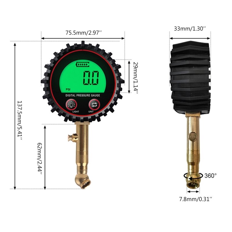 Portable 255PSI Digital Tire Pressure Gauge Rubber Hose Quick Connect Coupler