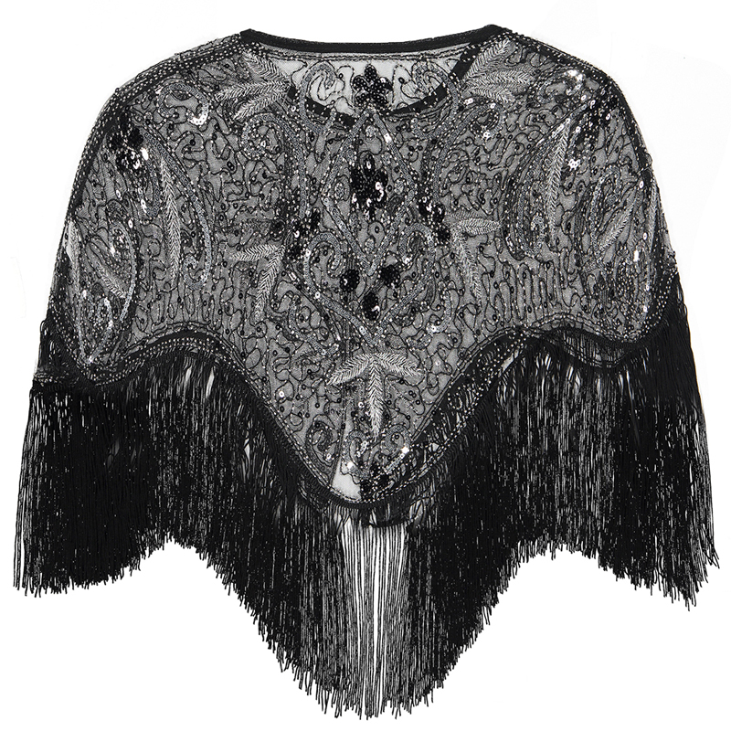 Kvinder 1920s flapper broderi frynser sjal cover up gatsby party beaded pailletter cape vintage mesh scraf wraps til kjoler