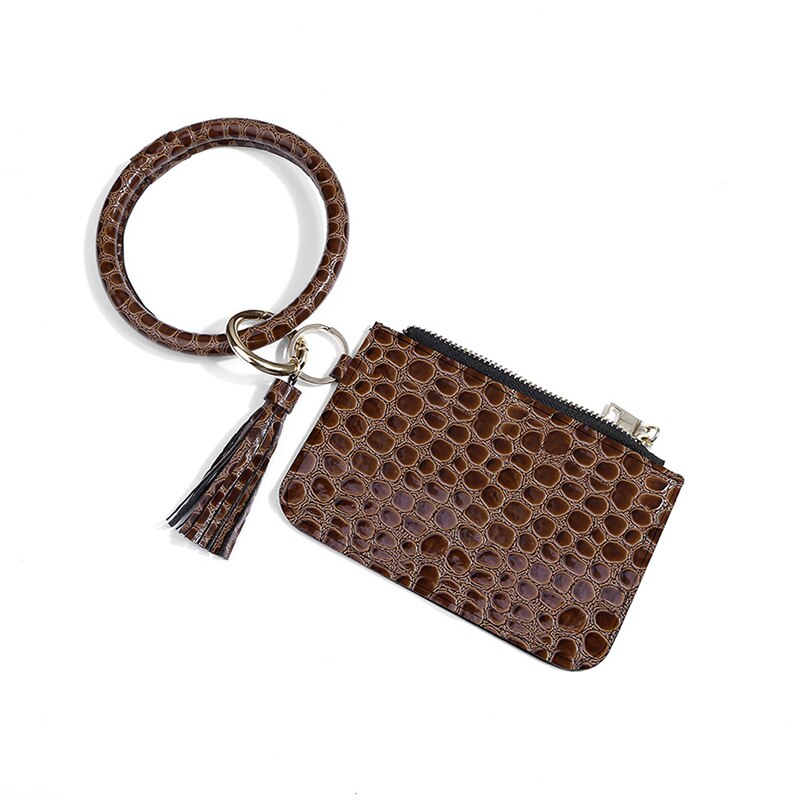 Trend Armband Sleutelhanger Pu Leer Leuke Tassel Purse Wallet Card Bag Key Ring Pols Hanger: Coffee Color