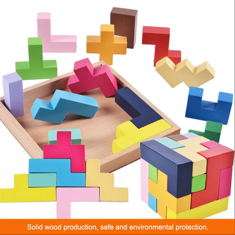 Houten Tangram Brain Teaser IQ Cube Puzzel Houten 3D Tetris Game Educatief Puzzel Speelgoed Baby Kinderen Speelgoed Chrismas