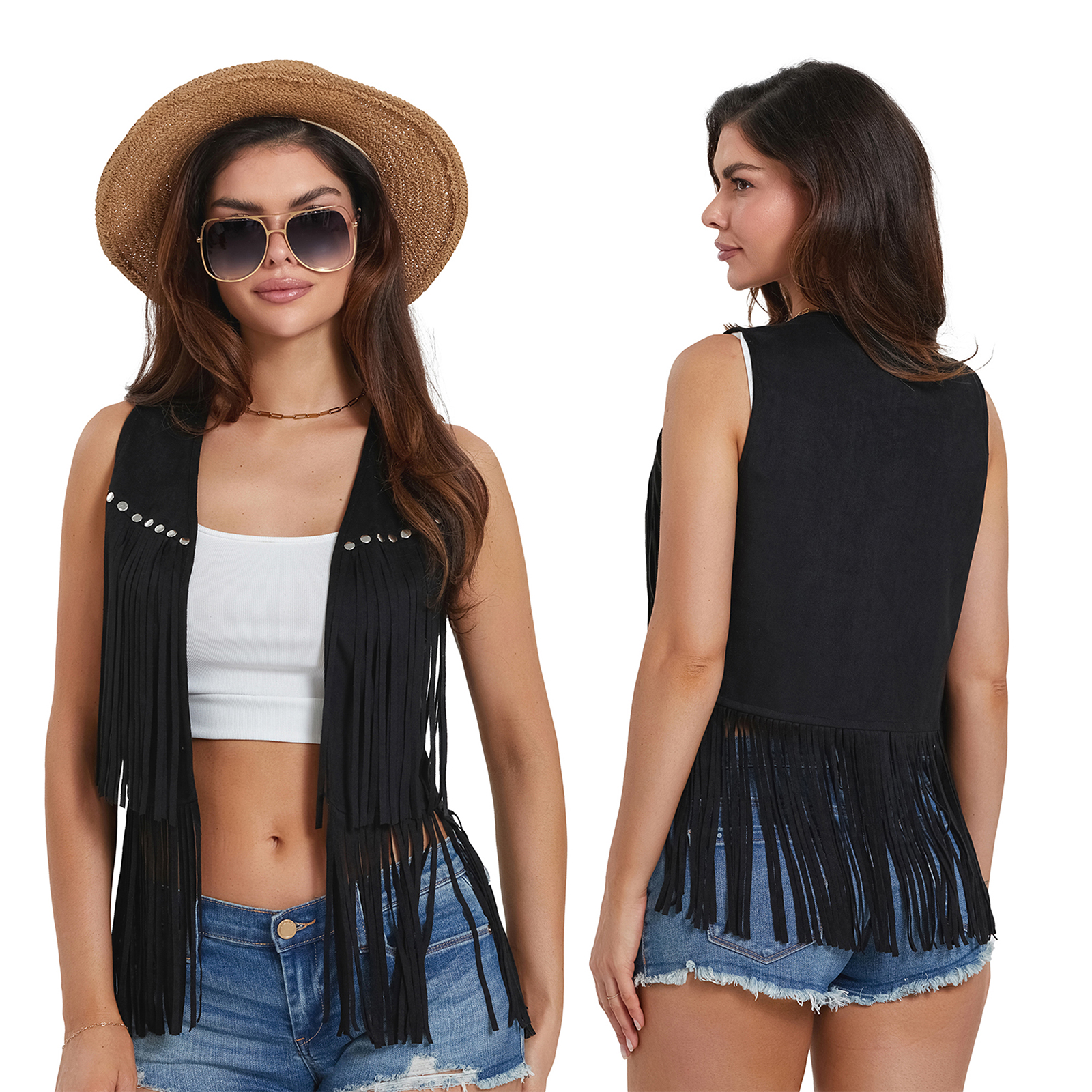 Women's Boho Hippie Waistcoat Vest Lightweight Solid Color Open Front Sleeveless Jacket with Tassel for Streetwear Outerwear: M / black