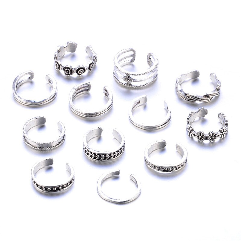 12 Stuks Ringen Dame Unieke Verstelbare Opening Vinger Ring Retro Gesneden Teen Ring Voet Strand Voet Sieraden