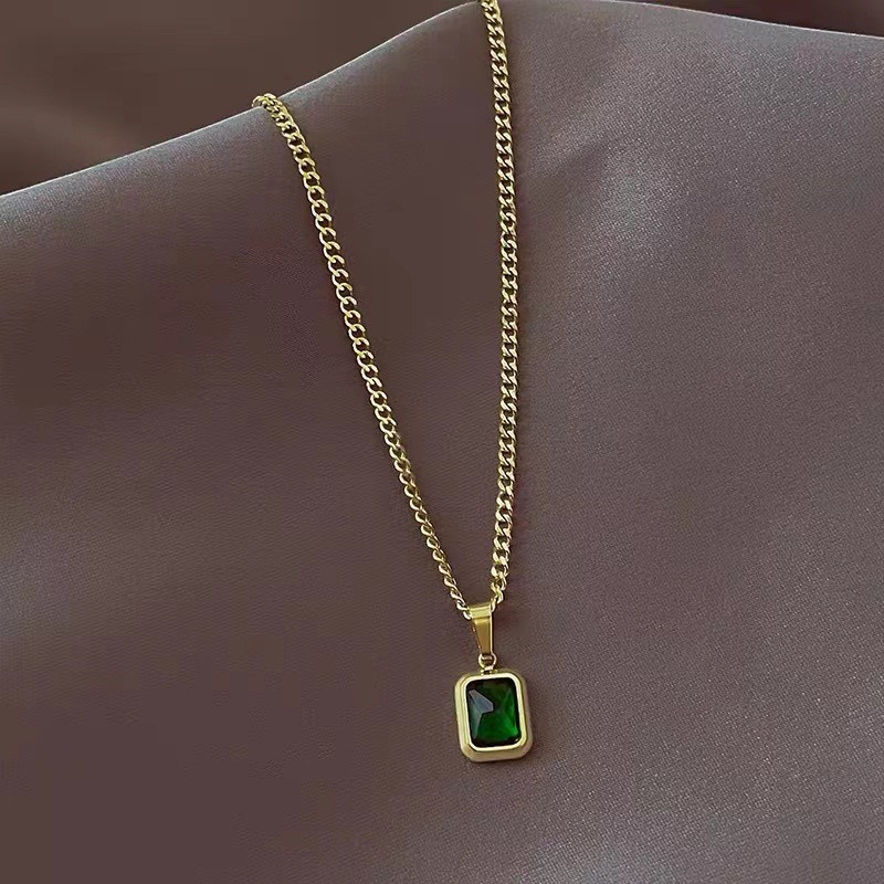 Collar con colgante de circón verde cuadrado Retro a la para mujer, collar con dijes para niñas, de joyería de compromiso de boda