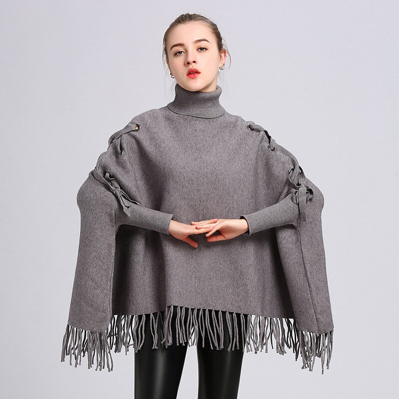 Noyau filé glands attache pull à col roulé en vrac manches chauve-souris pull Cape femmes automne hiver Poncho manteau