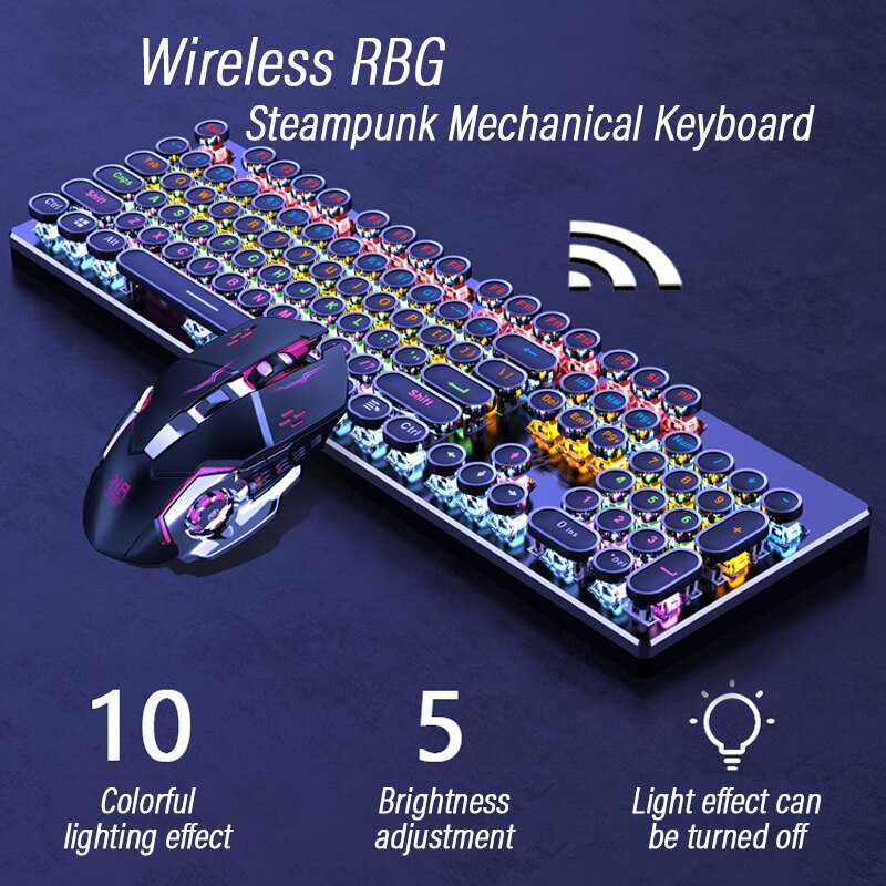 Wireless Retro Punk Mechanical Keyboard English Layout 104-Keys Backlit Anti-Ghosting Gaming Keyboard Blue/Black/Tawny Switch