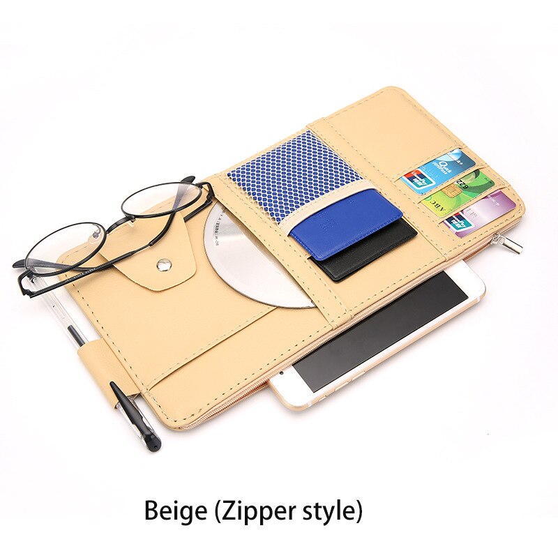 IKSNAIL osłona przeciwsłoneczna robić samochodu rachunek długopis wizytownik na karty biznesowe CD DVD Organizer schowek okulary klip schowek sprzątanie akcesoria samochodowe: Beige (Zipper)