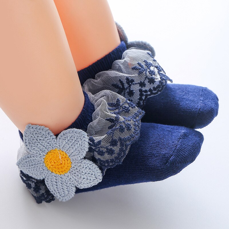 Baby Sokken Kinderen Jongens Meisje Leuke Warm Lace 3D Bloemen Sokken Katoen Effen Kleur Kleding Accessoires Voor 0-3 jaar Kind: Blauw / 1-3 Years
