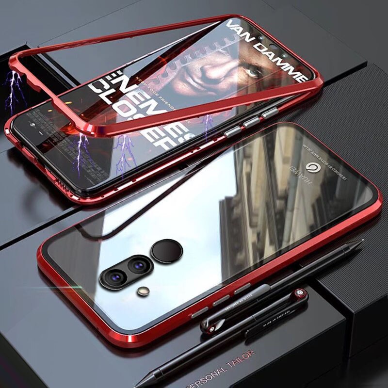 YonLinTan Coque cover Case Voor Huawei Mate 20 Pro Lite Mate20 20Lite Metalen magnetische Frame adsorptie gehard glas gevallen: For Mate 20 Lite / red