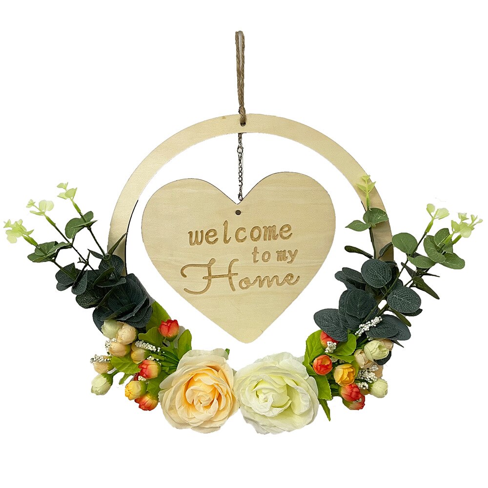 Valentine&#39;s Day Wooden Garland Love Welcome Decorative Plaque Simulation Flower Wreath Door Home Party Hanging Decoration