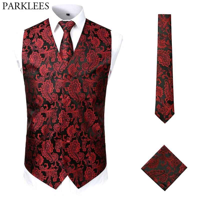 Bruiloft Mannen Vest Set (Vest + Stropdas + Pocket) 3 Pcs Mannen Gilet Paisley Bloemen Vest Mannen Party Casual Slim Fit Heren Pak Vesten Usa