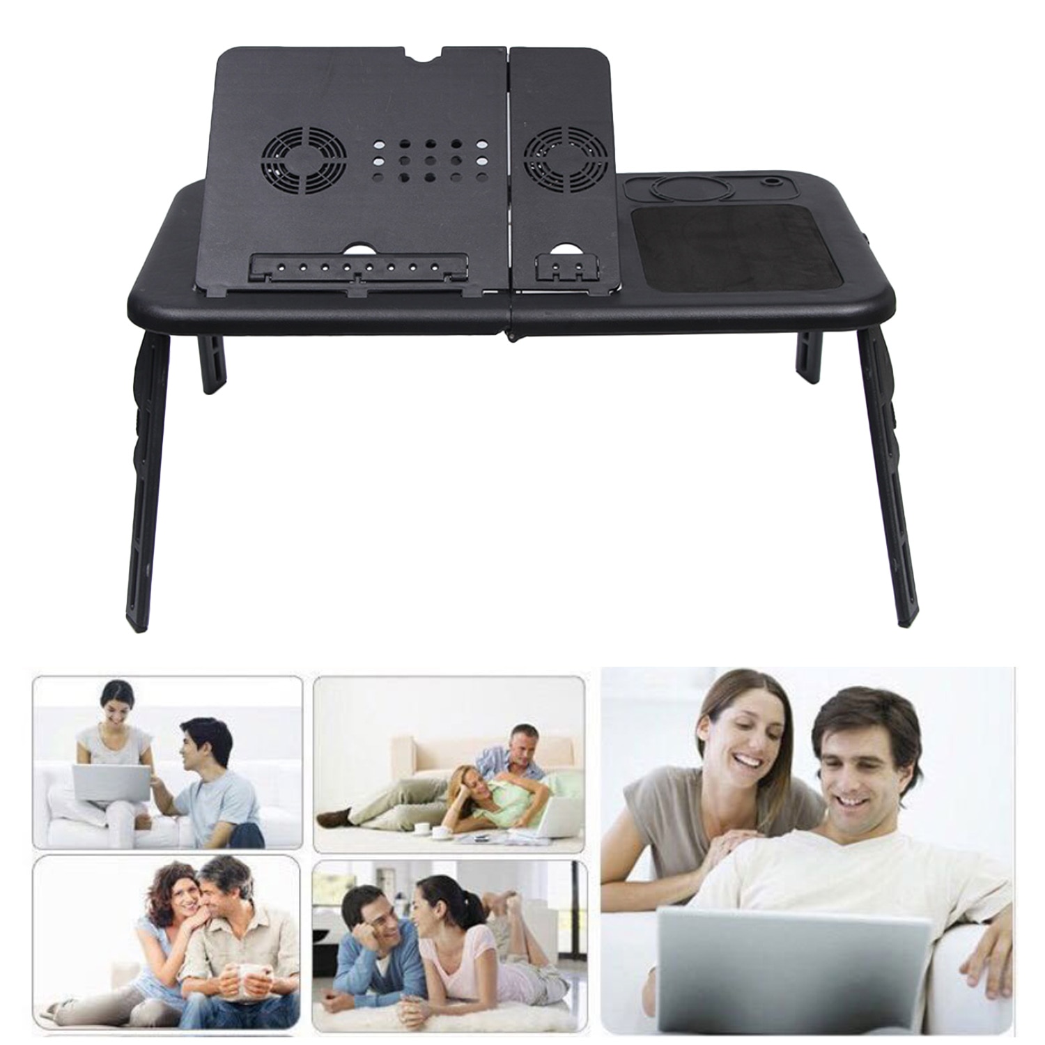 Besegad Portable Folding Adjustable Laptop Bed Tray USB Notebook PC Table Desk Stand with 2 Cooling Fans Mouse Cup Holder Black