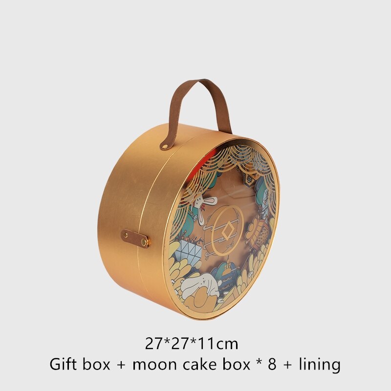 Mid-autumn moon cake box round packaging box 8 pieces box portable high-end empty box moon cake box packaging bag: Golden