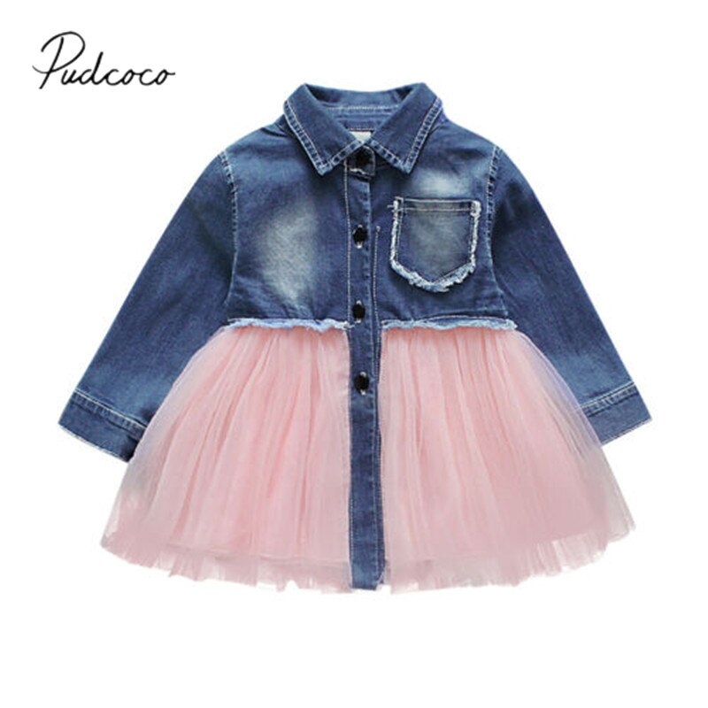 Kinderzomerkleding peuter babymeisjes denim jurk lange mouw feest casual tutu chiffon patchwork kinderjurken 6m-4t