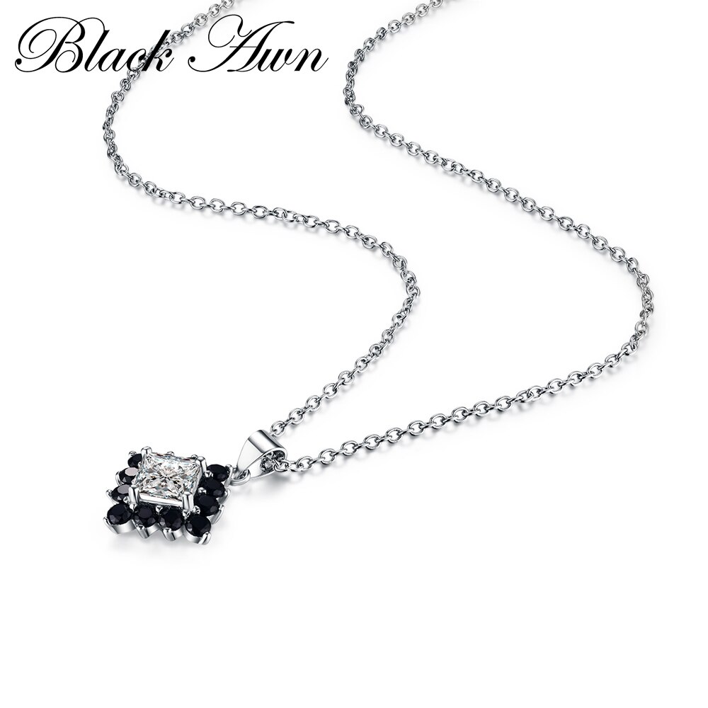 [BLACK AWN] Genuine 925 Sterling Silver Necklace for Women Square Black Spinel Necklaces Pendants Sterling Silver Jewelry P004