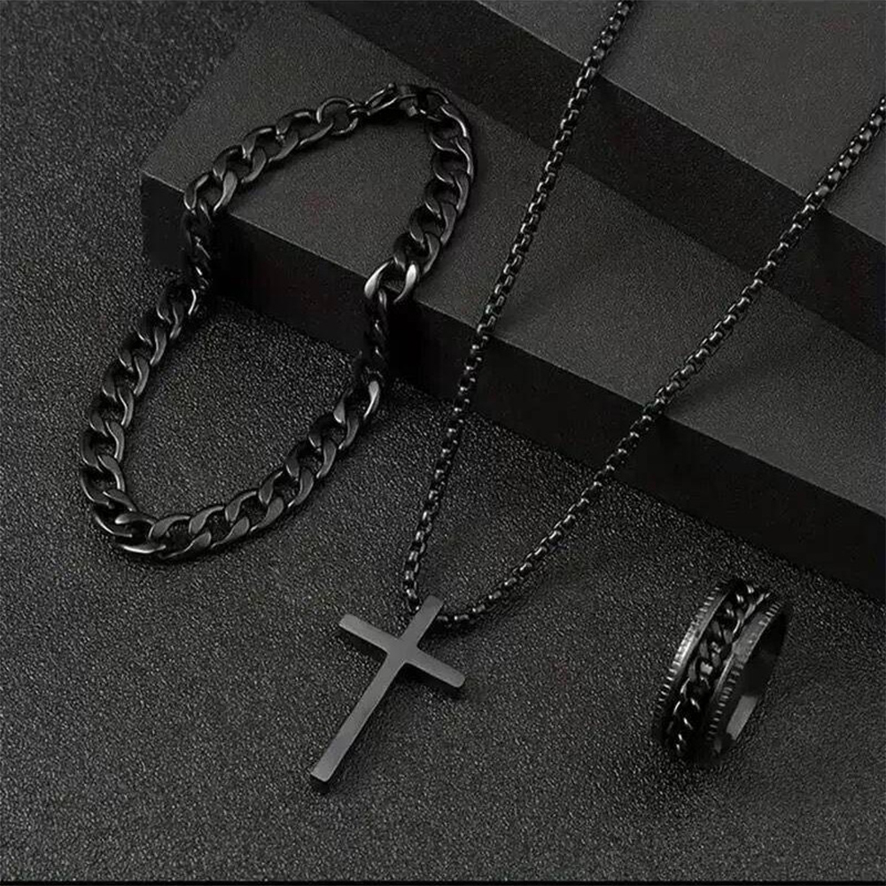 3 piezas hombres personalidad Simple negro acero inoxidable no se decolora Cruz collar anillo pulsera conjunto Accesorios