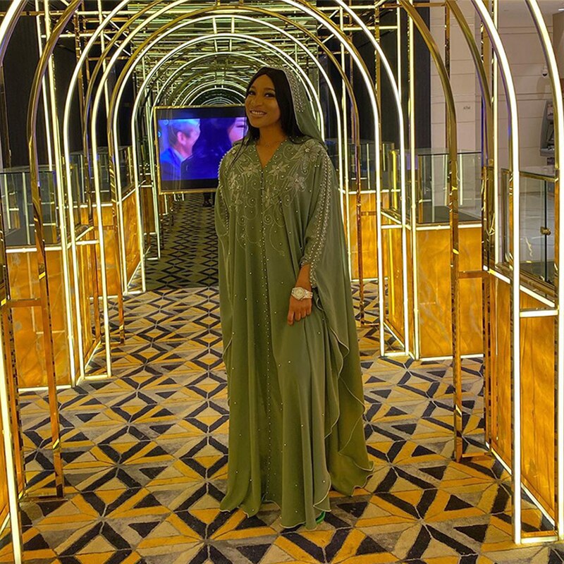 DOIB-vestidos africanos de gasa para mujer, vestido musulmán de talla grande Dashiki, cuentas de diamantes, Boubou, Abaya africana, Dubai