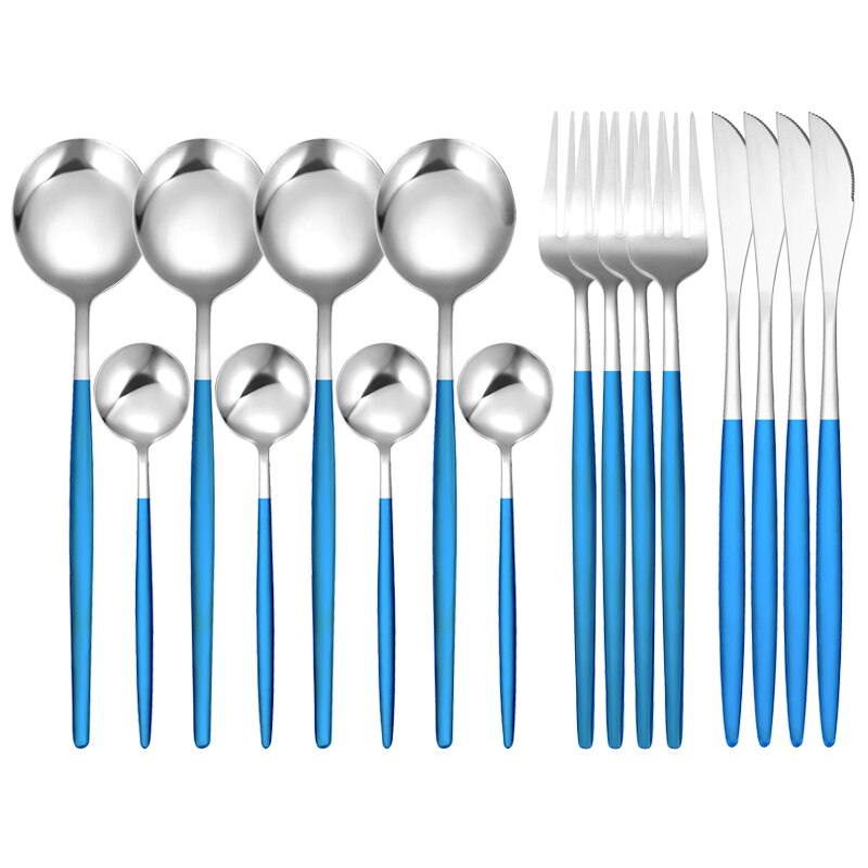 16Pcs/Set White Gold Cutlery Set Knives Forks Tea Spoon Dinnerware Flatware Stainless Steel Silverware Kitchen Tableware Set: 16 Pcs Blue Silver