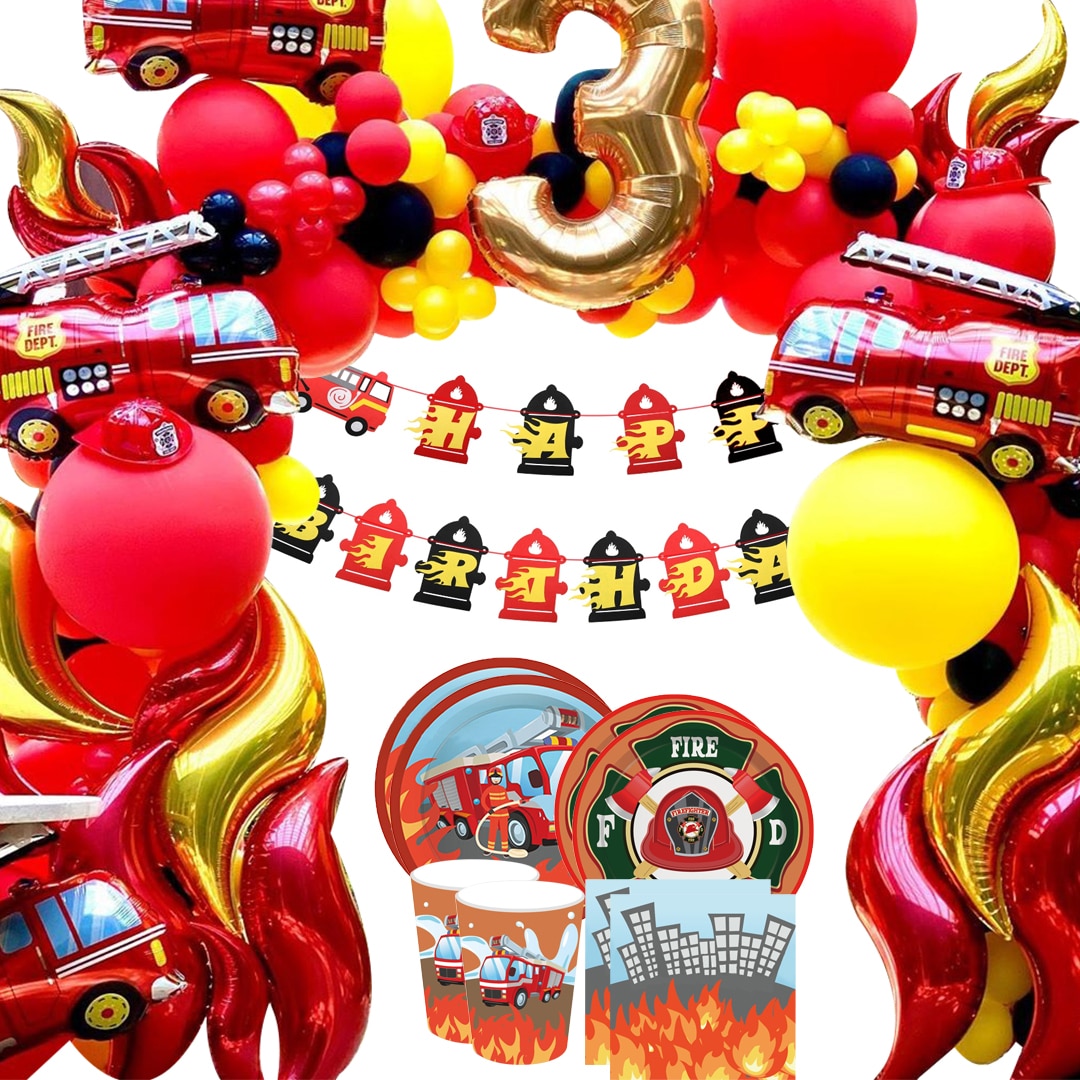 1 Set Firefighter Theme Decoration DIY Spiral Ornaments Fire truck Balloons Disposible Tableware Kids Birthday Party Supplies