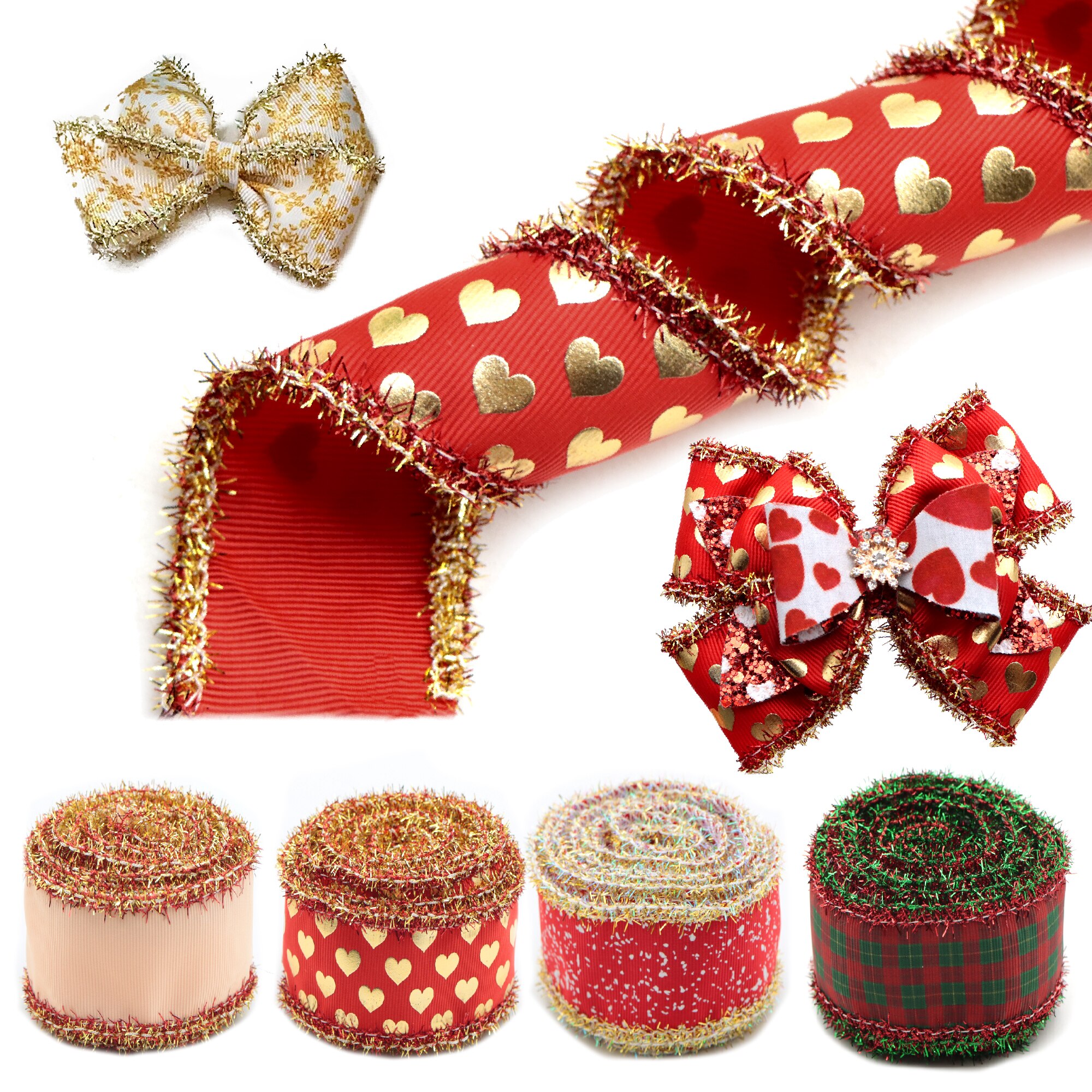 75MM 2Yard/roll Christmas Geometric Grosgrain Ribbon with Tinsel Edges For Burlap Wreaths Hairbows Accessories,2Yc20400