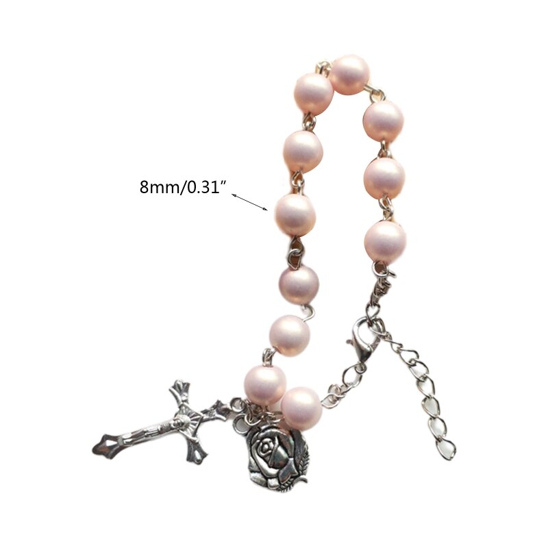 8mm Acrylic Beads Rosary Bracelet Vintage Jesus Christ Crucifix Cross Wristband Chain Bracelets Women Unisex Jewelry