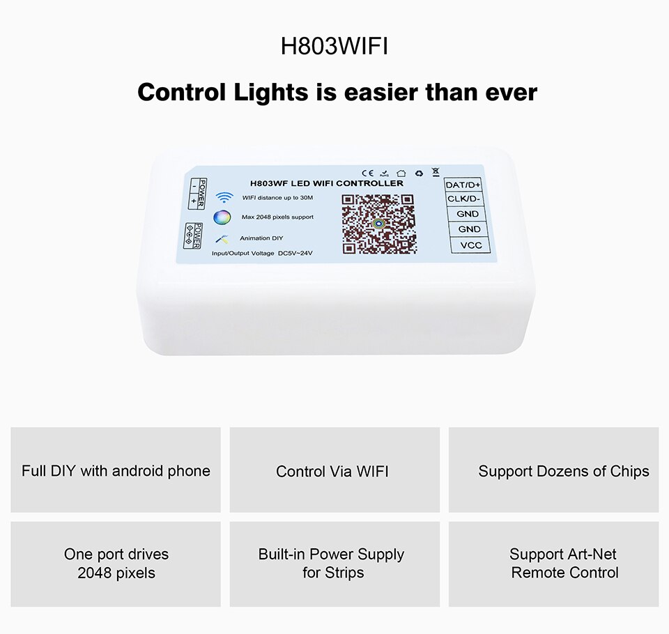 H803 WIFI LED Controller Full Color DIY Drive Max 2048 Pixels Support Dozens of Chips Support ArtNet Remote Control DC5-24V