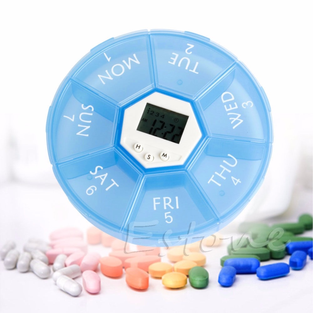 7-day pill box organizer Drug opslag Pil dispenser Draagbare Elektronische Intelligente Alarm Pillendoos Blauw
