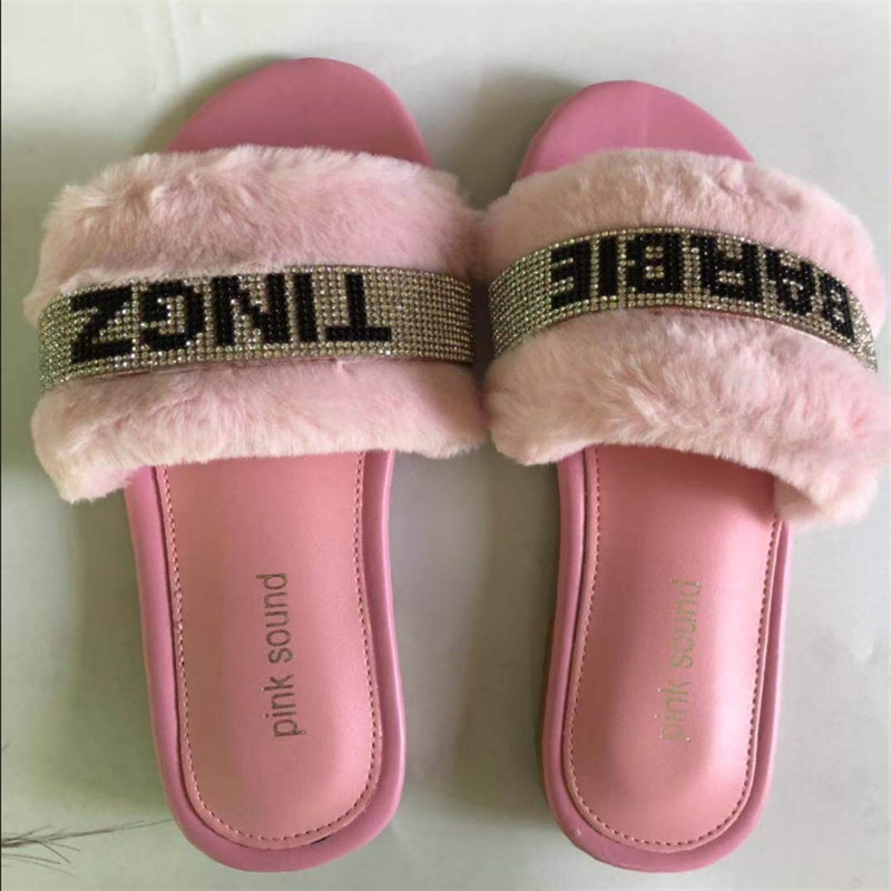 Pink hjem vildt hår hjemmesko vinter lyse diamant varme sandaler kvindelige flip flop flad med interiør hjemmesko