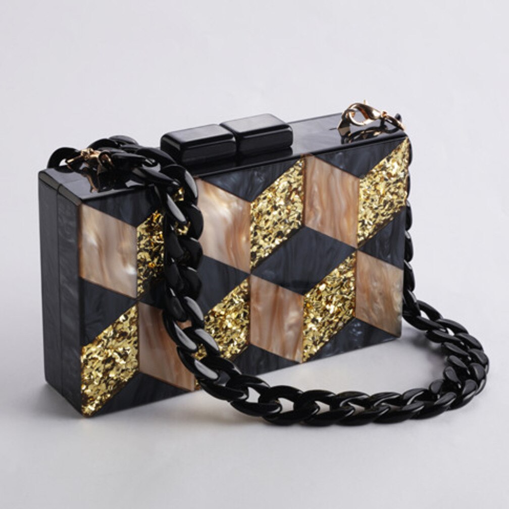 Neue Weibliche Schwarz Perlglanz Acryl Abend Taschen Jahrgang Frauen Bote Taschen Gold Pailletten Kupplungen Patchwork Partei Handtaschen