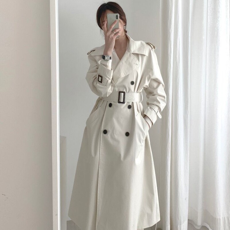 Gagarich dames trenchcoat in koreaanse stijl, chic, wit, grote revers, dubbele rij knopen, tailleband, slanke rechte lange jas, herfst