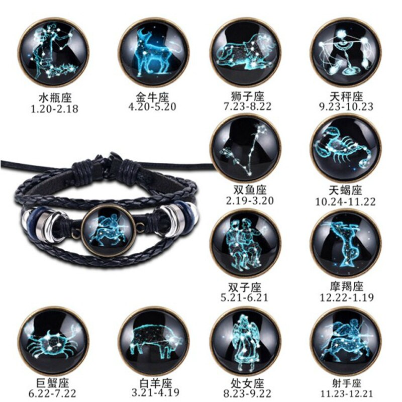 12 Constellation Bracelet Luminous Leather Bracelets Charms Zodiac Sign Bracelets Leo Virgo Libra Gemini for Man Woman Jewelry