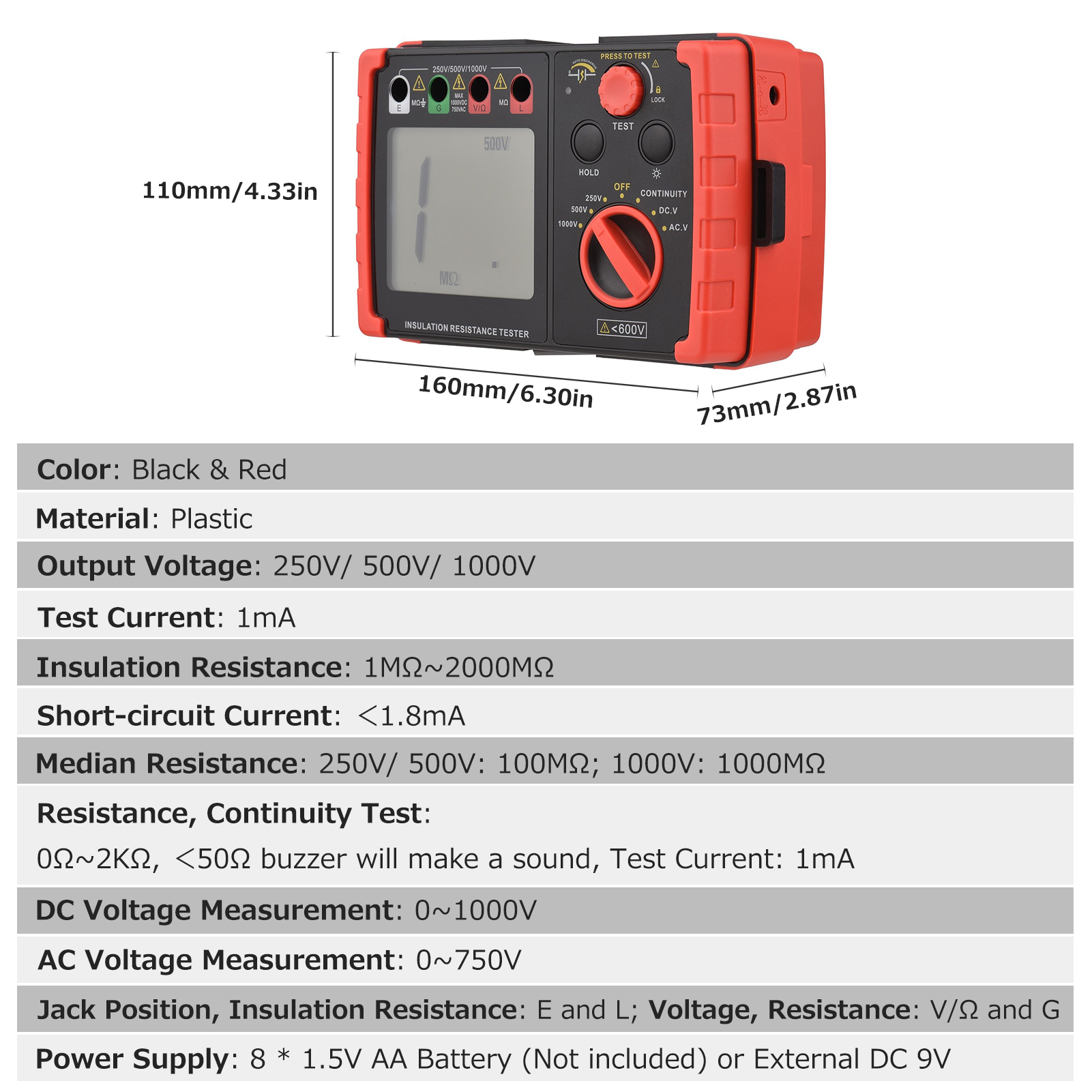 Digital Insulation Resistance Tester DC 250V/ 500V/ 1000V AC 750V Multifunction Insulation Resistance Meter Kit LCD Backlight